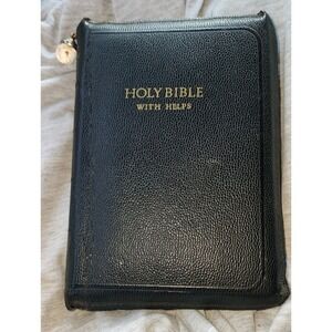 Vintage Holy Bible W Helps Pocket Bible Zipper Leather Case W Bead Pull 1950s